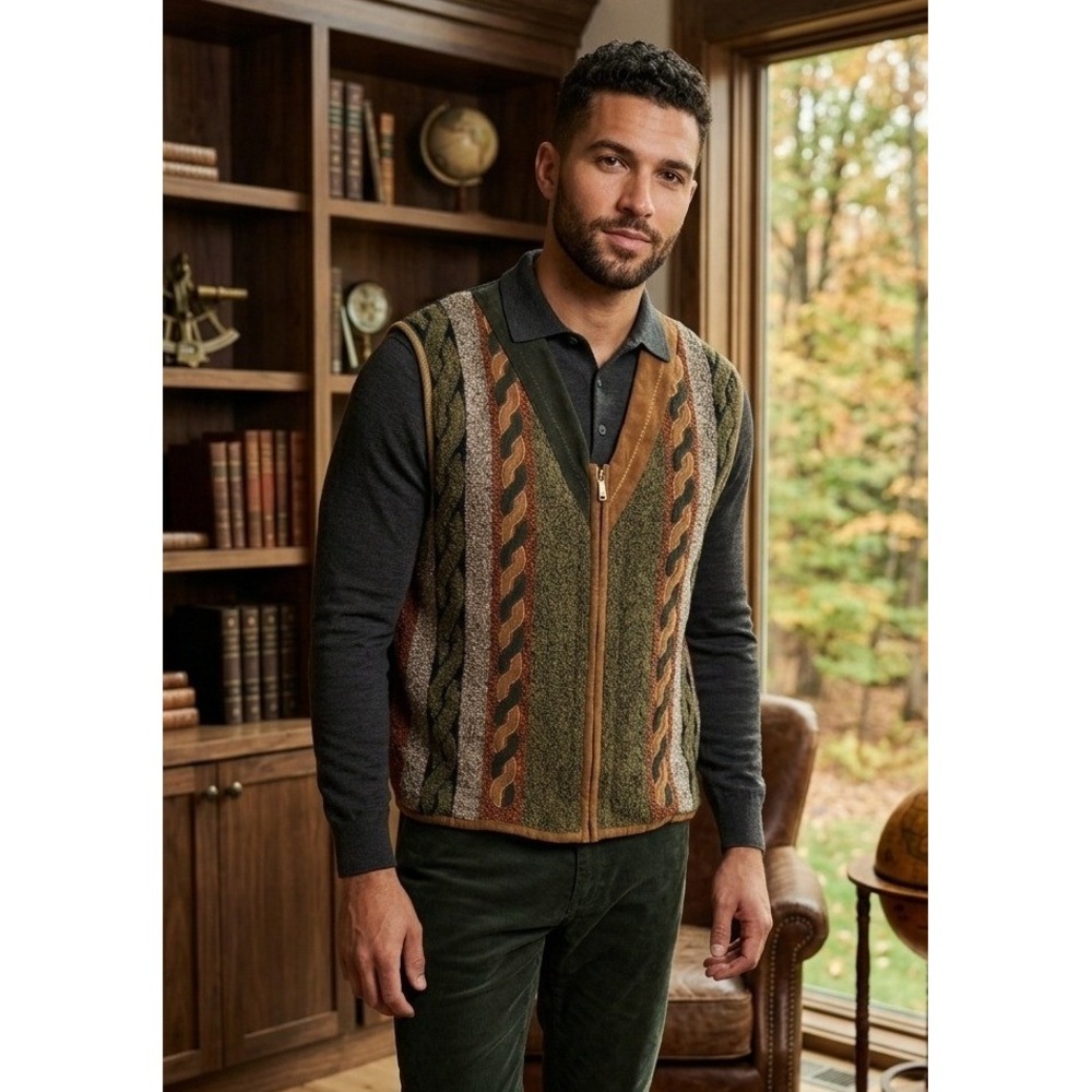 Umberto Bilancioni Italy Wool Full Zip Sweater Vest Men's XL? Cotton‎ Textured